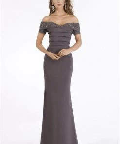 Gia Franco - Pleated Short Sleeve Formal Gown 12916 - 1 Pc Charcoal In Size 16 Available Formal Gowns