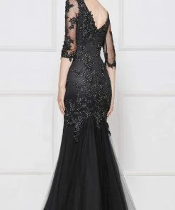 Colors Dress Glow By Colors - G290SL-1 Embellished Lace V-neck Trumpet Dress Formal Gowns