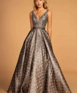 Formal Gowns GLS By Gloria - GL2539 Embroidered Deep V-neck Jacquard Ballgown