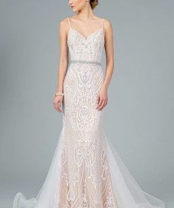 GLS By Gloria - GL2930 V-Neck Glitter Mesh Trumpet Dress