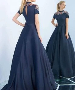 Ieena Duggal - 25809I High Collar Embellished Satin Ballgown