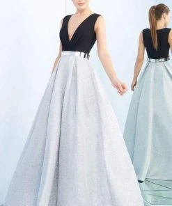 Ieena Duggal - 25878I Sleeveless Ruched V-Neck Metallic Gown