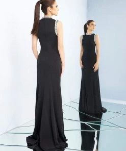 Ieena Duggal - 25933I Pearl Accent Long Black Evening Dress