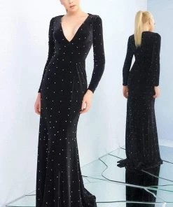 Ieena Duggal - 25934I Rhinestone Ornate Black Velvet Evening Gown Formal Gowns