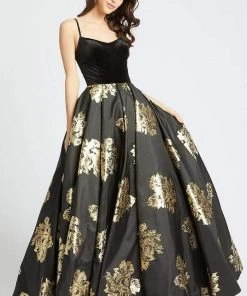 Ieena Duggal - 25955I Velvet Scoop Satin Gold Patterned Gown
