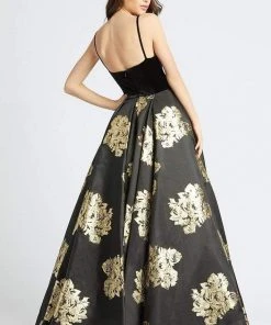 Ieena Duggal - 25955I Velvet Scoop Satin Gold Patterned Gown