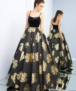 Ieena Duggal - 25955I Velvet Scoop Satin Gold Patterned Gown