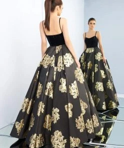 Ieena Duggal - 25955I Velvet Scoop Satin Gold Patterned Gown