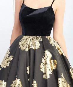 Ieena Duggal - 25955I Velvet Scoop Satin Gold Patterned Gown