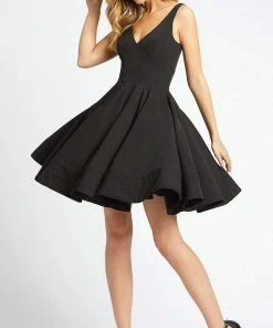 Ieena Duggal - 48478 V-Neck Flutter Cocktail Dress - 1 Pc Black In Size 2 Available Cocktail Dresses
