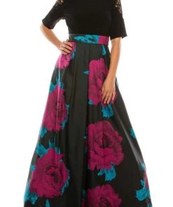 Ignite Evenings - IG3874 Lace Jewel Neck Floral Print A-line Gown Formal Gowns