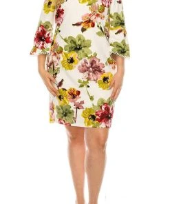 Plus Size Dresses ILE Clothing - SCP5901B Floral Printed Bateau Dress