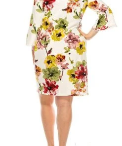Plus Size Dresses ILE Clothing - SCP5901B Floral Printed Bateau Dress