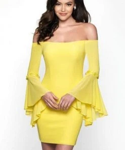 Blush By Alexia Designs Cocktail Dresses Intrigue - 483 Embellished Long Bell Sleeve Off-Shoulder Sheath Dress