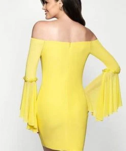 Blush By Alexia Designs Cocktail Dresses Intrigue - 483 Embellished Long Bell Sleeve Off-Shoulder Sheath Dress