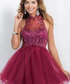 Blush By Alexia Designs Intrigue - Beaded Illusion High Neckline Fit And Flare Dress 100