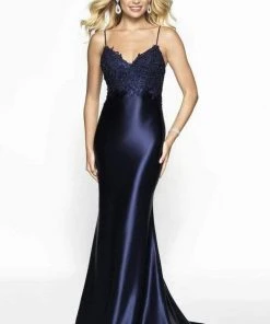 Blush By Alexia Designs Formal Gowns Intrigue By Blush - 529 Beaded Lace Appliqued Top Satin Evening Gown - 1 Pc Navy In Size 10 Available