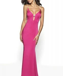Blush By Alexia Designs Formal Gowns Intrigue By Blush - 533 Embellished Deep V-neck Satin Sheath Dress
