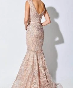 Ivonne D - 221D53 Embroidered V-Neck Evening Dress - 1 Pc Pink Topaz In Size 6 Available