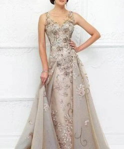 Ivonne D For Mon Cheri - Floral Embroidered A-Line Dress 118D03 - 1 PC Taupe/Aqua In Size 4 Available Formal Gowns