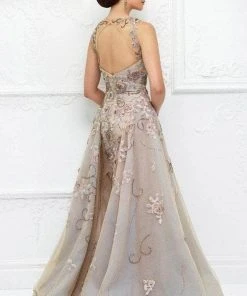 Ivonne D For Mon Cheri - Floral Embroidered A-Line Dress 118D03 - 1 PC Taupe/Aqua In Size 4 Available Formal Gowns