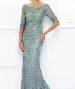 Ivonne D For Mon Cheri - Quarter Sleeve Beaded Lace Sheath Gown 118D06