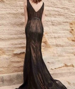 J'Adore Dresses - J15018 Glitter Tulle Deep V Neck Mermaid Gown Formal Gowns