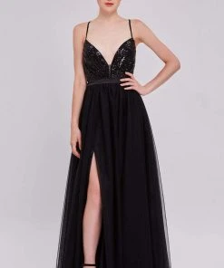 Formal Gowns J'Adore Dresses - J16046 Sequin Tulle A-Line Dress With Slit