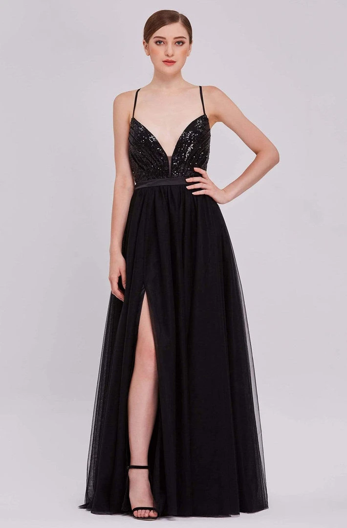 Formal Gowns J'Adore Dresses - J16046 Sequin Tulle A-Line Dress With Slit 3 Formal Gowns J'Adore Dresses - J16046 Sequin Tulle A-Line Dress With Slit