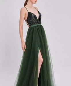 Formal Gowns J'Adore Dresses - J16046 Sequin Tulle A-Line Dress With Slit 9 Formal Gowns J'Adore Dresses - J16046 Sequin Tulle A-Line Dress With Slit