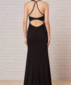 J'Adore Dresses - JM111 Sheer Embellished Bodice High Slit Glitter Dress Formal Gowns