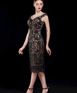 J'Adore Dresses - J12030 Lace Wide V-neck Sheath Dress Cocktail Dresses