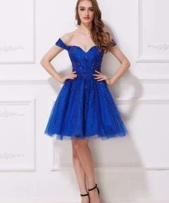 J'Adore Dresses - J12037 Off Shoulder Sweetheart Neckline Tulle Cocktail Dress Cocktail Dresses