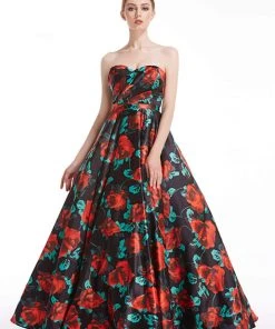 J'Adore Dresses - J12042 Floral Print Strapless Sweetheart Ballgown Formal Gowns