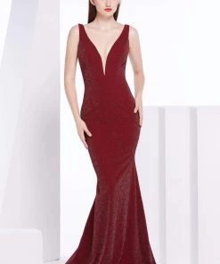J'Adore Dresses - J14020 Deep V-neck Tulle Mermaid Dress