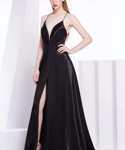 Formal Gowns J'Adore Dresses - J14027 Deep V-neck Silky Satin A-line Dress