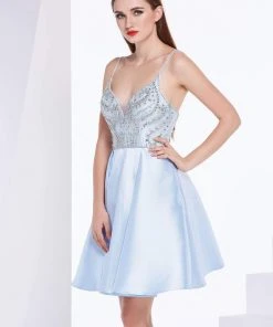 J'Adore Dresses - J14096 Beaded Deep V-neck Mikado A-line Dress Cocktail Dresses