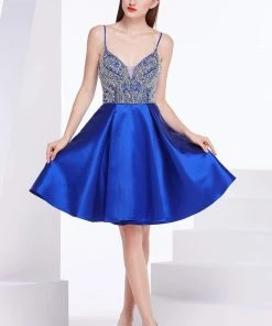 J'Adore Dresses - J14096 Beaded Deep V-neck Mikado A-line Dress Cocktail Dresses