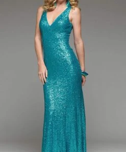J'Adore Dresses - J4023 Sequined Deep V-neck Trumpet Dress With Train Formal Gowns