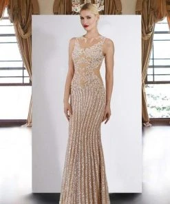 Janique - 17007 Sparkly Nude Illusion Evening Gown In Ivory