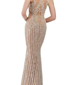Janique - 17007 Sparkly Nude Illusion Evening Gown In Ivory