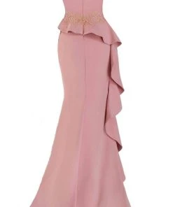 Janique - 1945 Off Shoulder Lace Applique Ruffle Peplum Trumpet Gown Formal Gowns