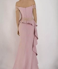 Janique - 1945 Off Shoulder Lace Applique Ruffle Peplum Trumpet Gown Formal Gowns