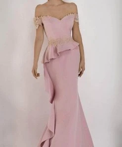 Janique - 1945 Off Shoulder Lace Applique Ruffle Peplum Trumpet Gown Formal Gowns