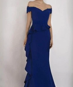 Janique - 1945 Off Shoulder Lace Applique Ruffle Peplum Trumpet Gown Formal Gowns