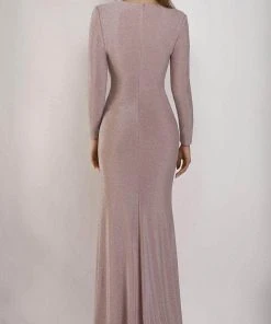 Janique - 2039 Embroidered Long Sleeve V-neck Sheath Gown Formal Gowns