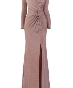 Janique - 2039 Embroidered Long Sleeve V-neck Sheath Gown Formal Gowns