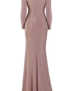 Janique - 2039 Embroidered Long Sleeve V-neck Sheath Gown Formal Gowns