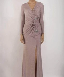 Janique - 2039 Embroidered Long Sleeve V-neck Sheath Gown Formal Gowns