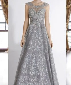 Janique - 85124 Illusion Lace Appliqued Geometric Gown In Grey